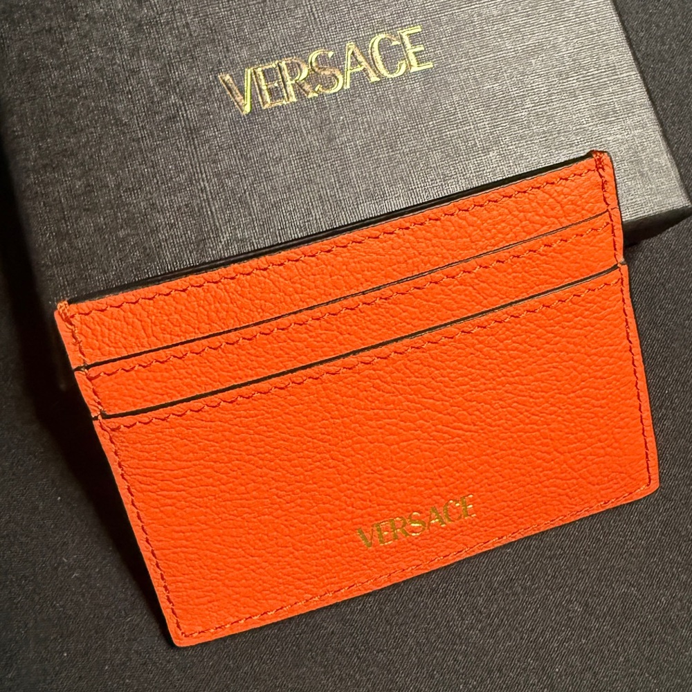 Versace Vibrant Orange Card Holder with Gold Medusa - Picture 3 of 5